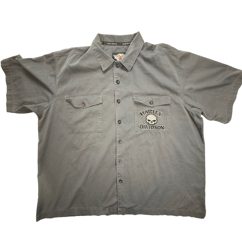 Harley Davidson Willie G Skull Work Shirt Mens 2XL Gray Short Sleeve 99031-08VM